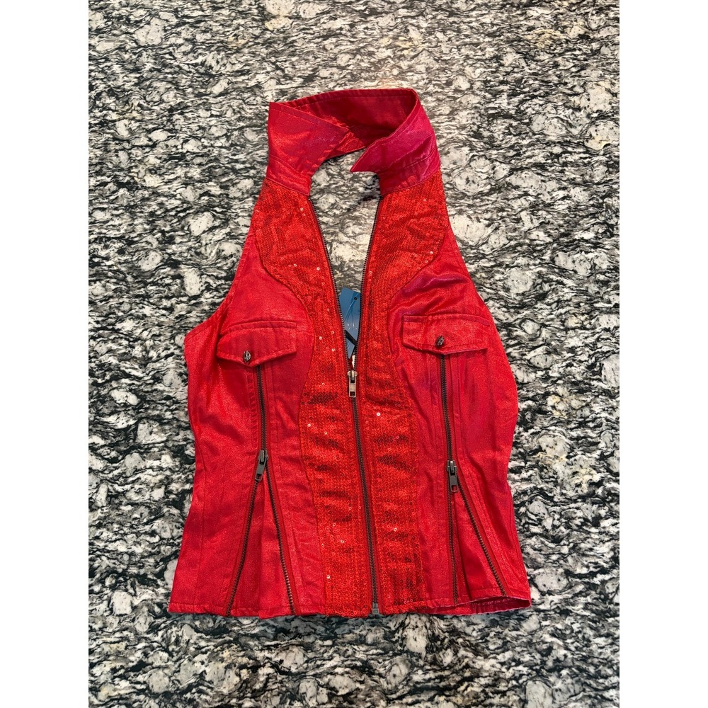 Vintage Ole Ole Vest Top Womens Medium Red Embedded Sequin Halter Neck Full Zip